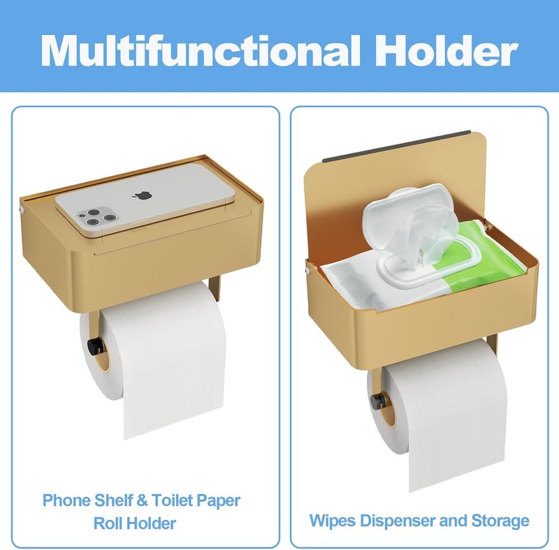 JUYSON Toilet Paper Holder with Shelf, Flushable Wipes Dispenser Fits for Bathroom Wipe Storage, Keep Your Wipes Hidden Out of Sight - SUS304 Stainless Steel Wall Mount Organizer (Color Gold) - Image 3